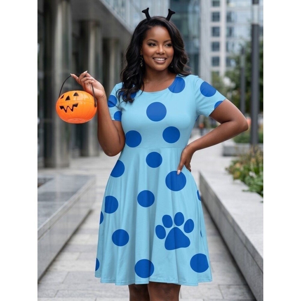 FOR G and PL Blue Polka Dot Paw Print Skater Midi Dress - EUC Like New - XL